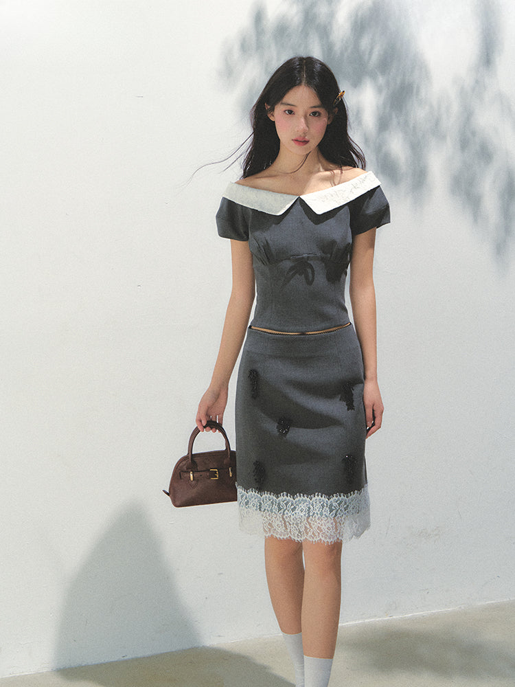 Dark Gray Princess Sleeve Top & skirt set
