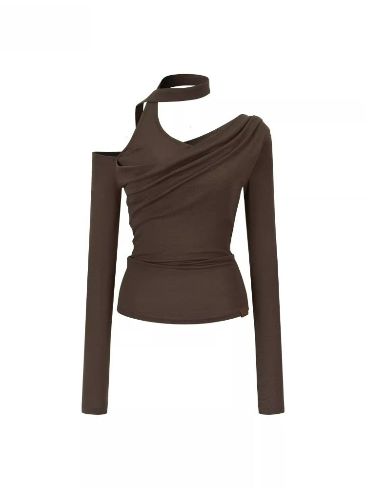 Asymmetrical Ribbon Off-Shoulder Knit Tee