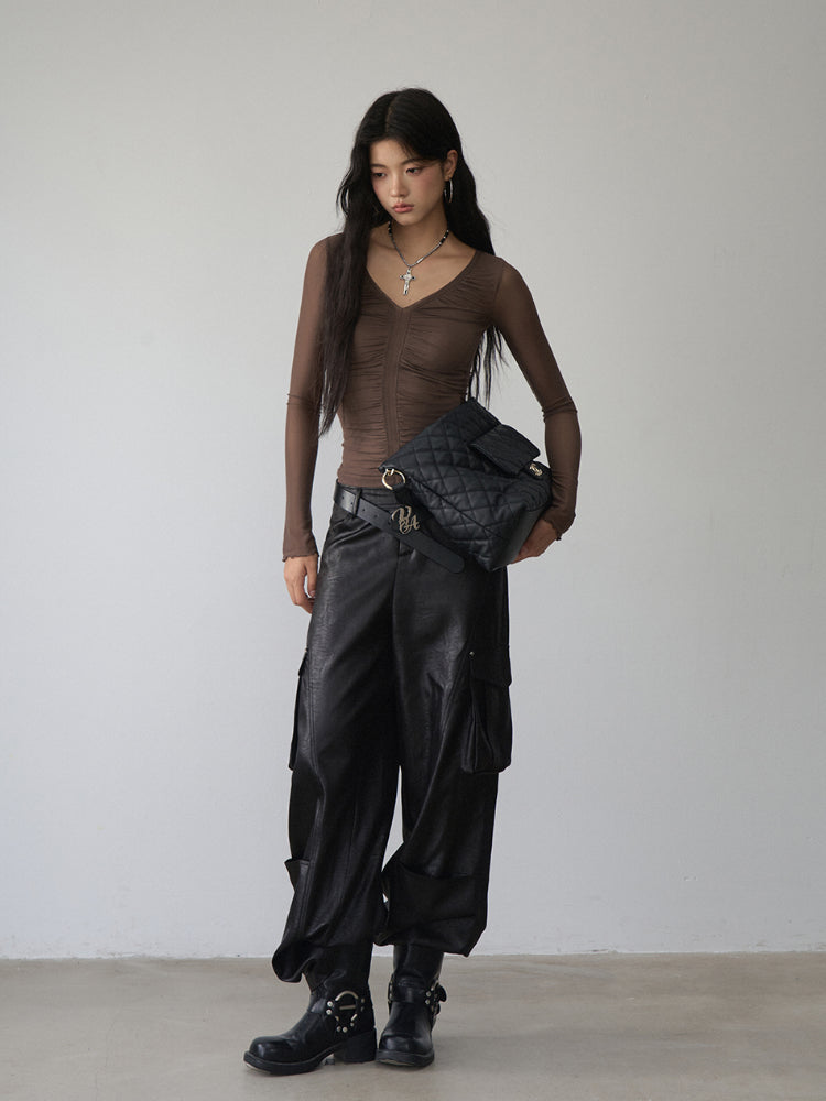 V-Neck Ruffled Mesh Slim Long-Sleeve Blouse