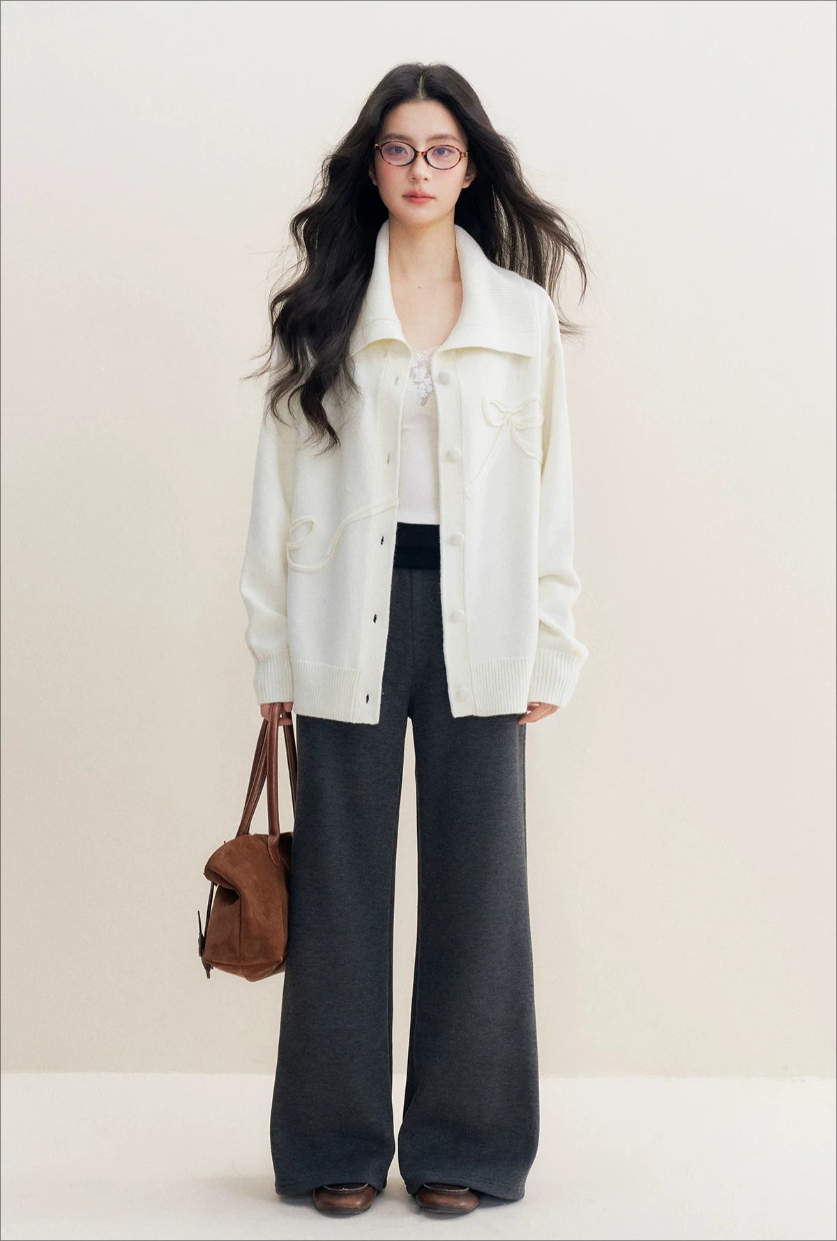 Beige Bow-Embroidered Knit Cardigan