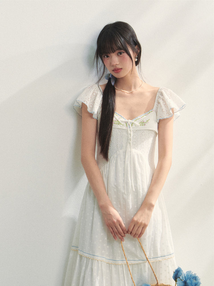 White Square Neck Hollow Embroidered Dress