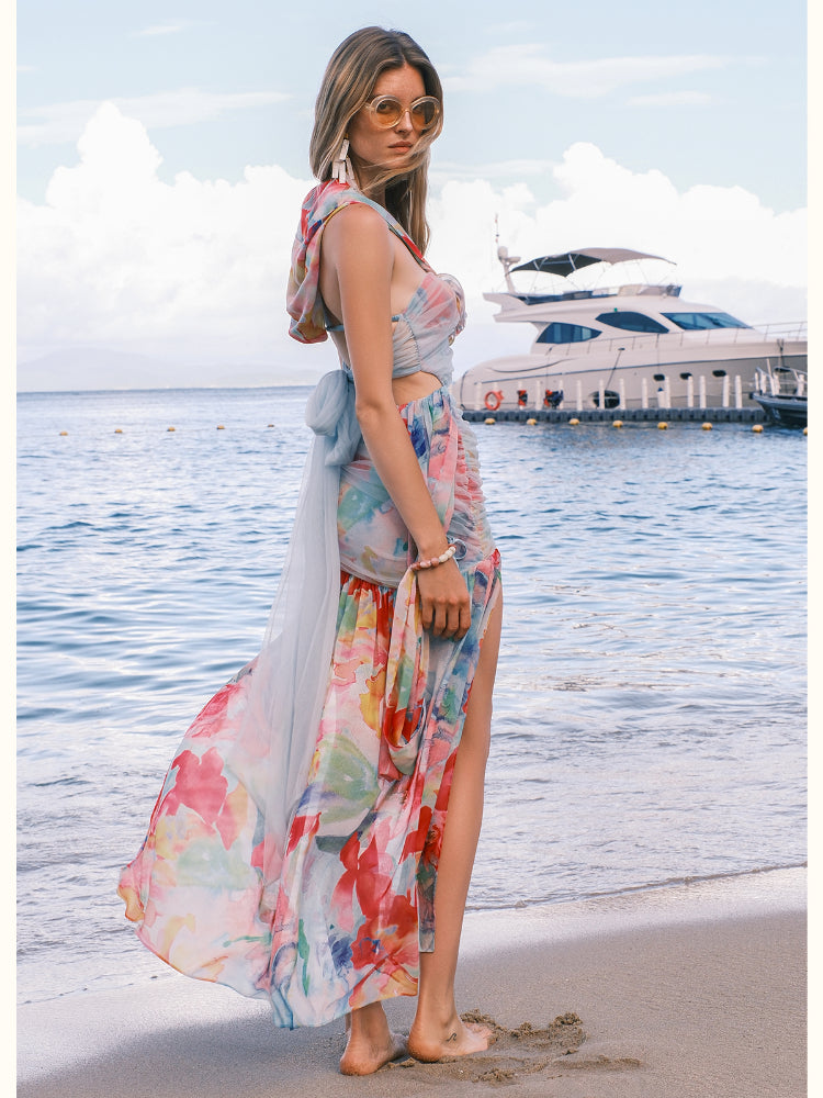 Chiffon Floral-print Halter Neck Backless Irregular Dress