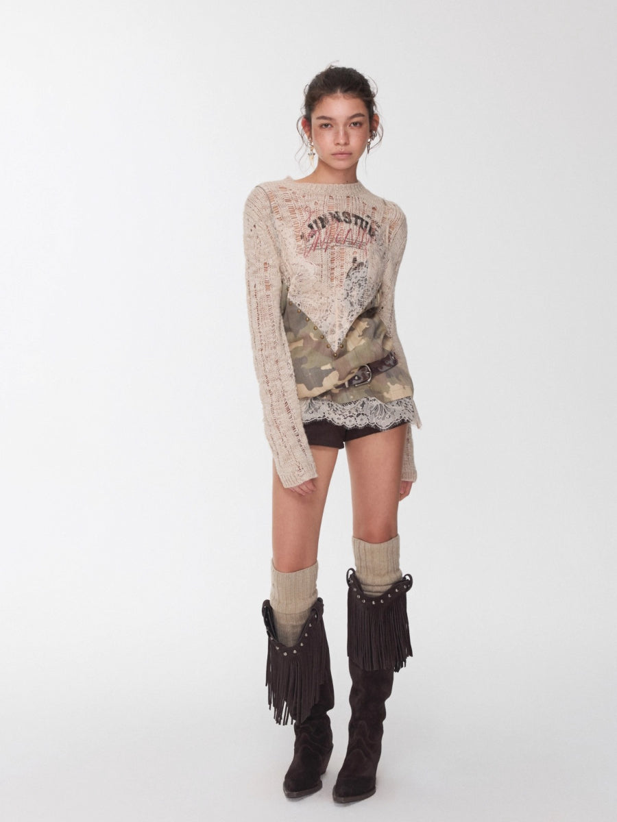 Camouflage V-Neck Lace Rhinestone Cami Top