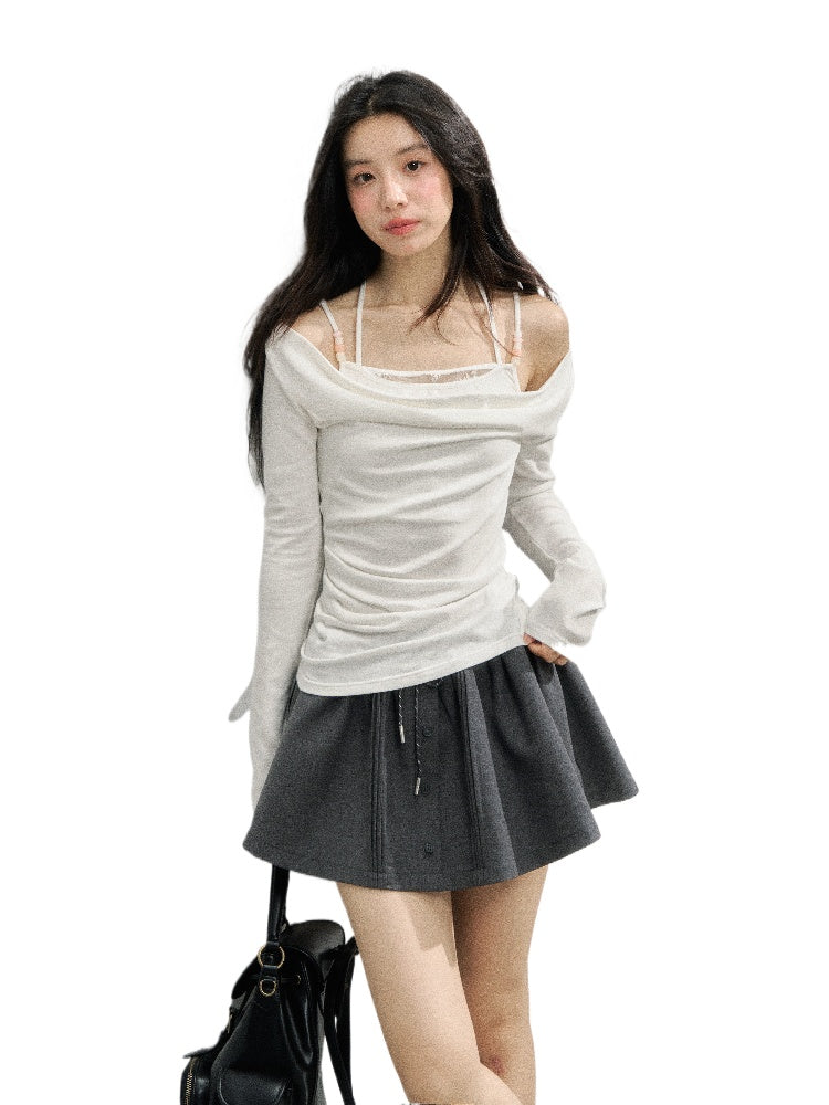 Beaded Halter Fake Two- Piece Long-Sleeve T-Shirt