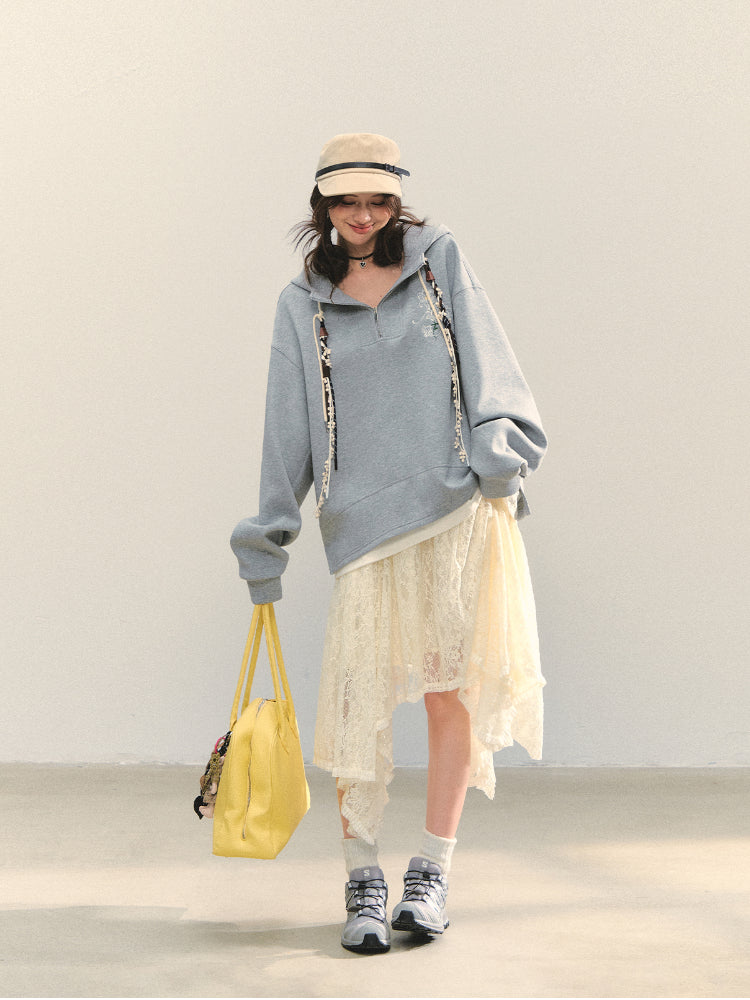 Fake Two-Piece Flower Embroidery Hat Cord Pullover Hoodie