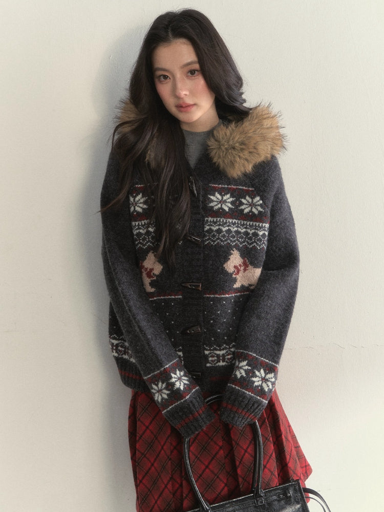 Fair Isle Dog Fur-Collar Cardigan