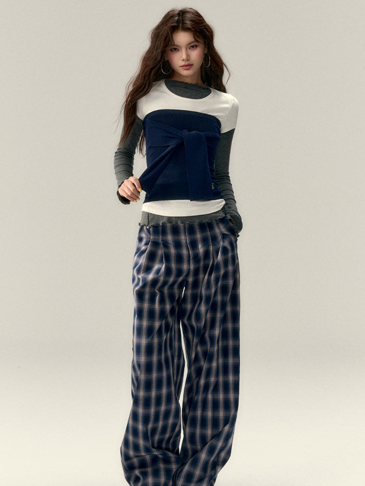 Gray & Navy Blue Tie-Knitted Top