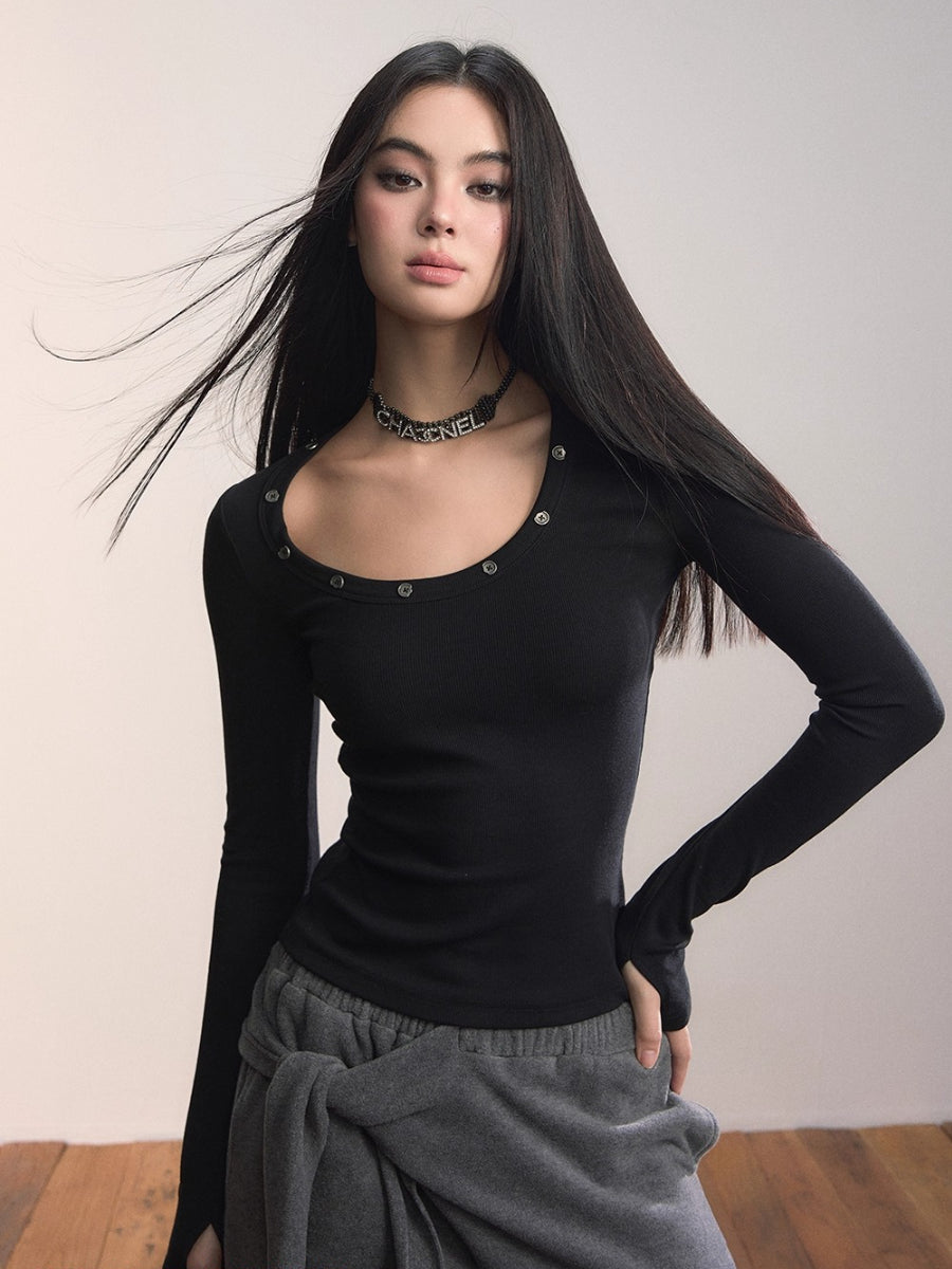 Studded Asymmetric U-Neck Long Sleeve Knit Top