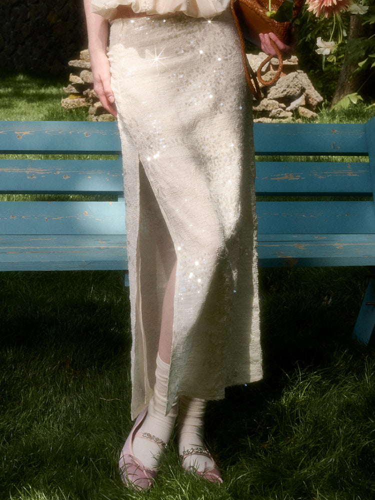 Embroidered Sequin Knit Top & Skirt Set