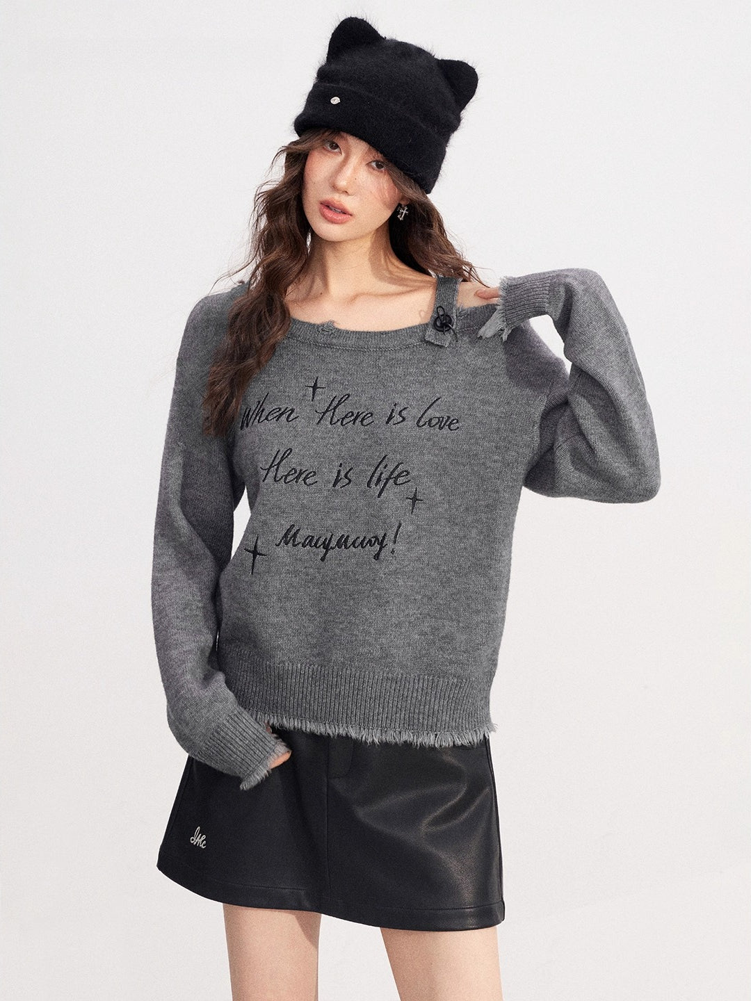 Off Shoulder Embroidered Distressed Sweater