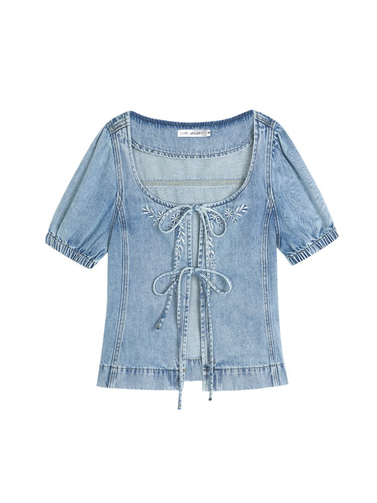 Embroidered Floral Denim Top & Skort Set