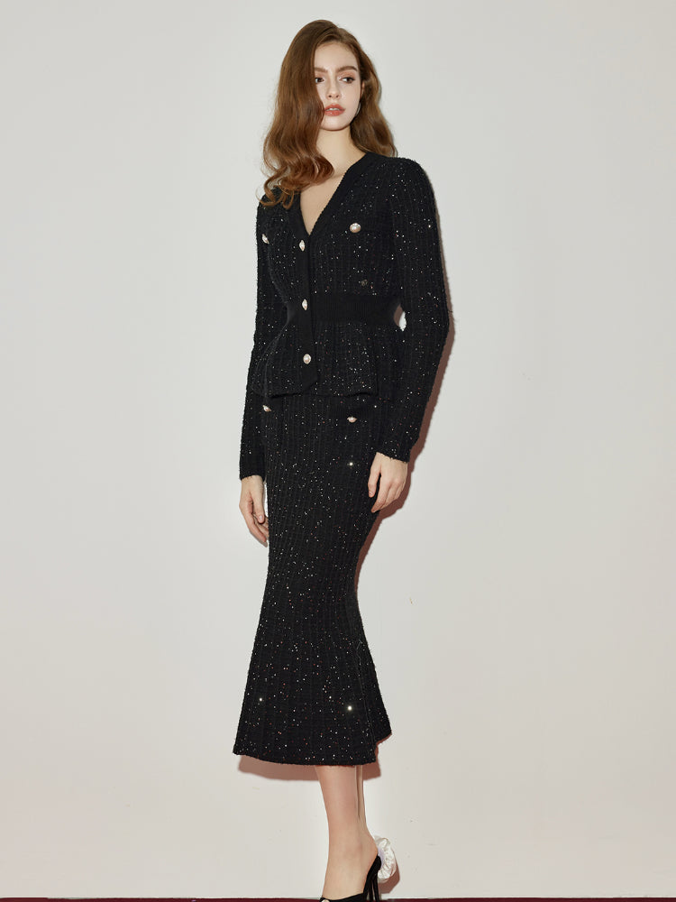 V-Neck Waist-Cinching Mermaid Cardigan & Skirt Set