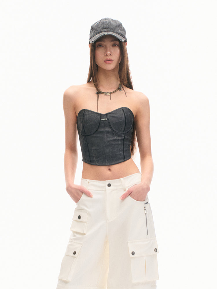 Gray Eco-leather Adjustable Fitted Bustier