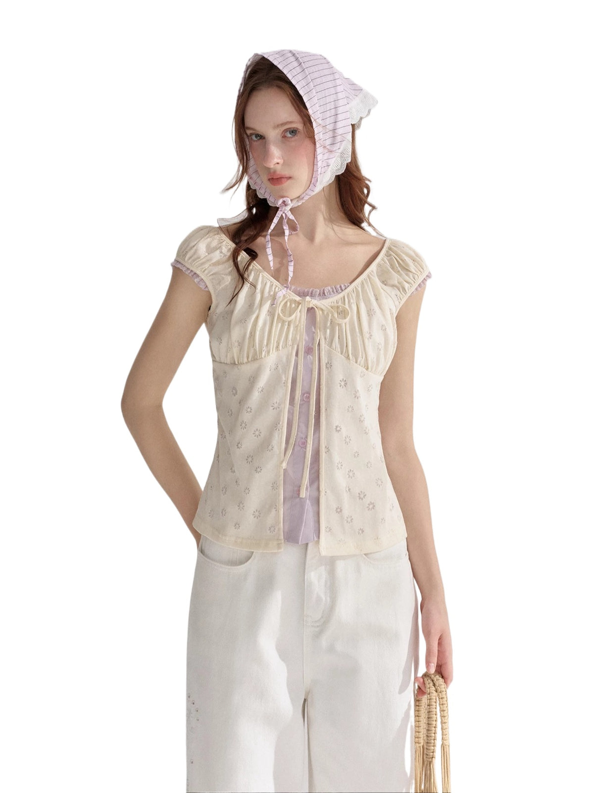 Contrast Panel Floral Eyelet Blouse