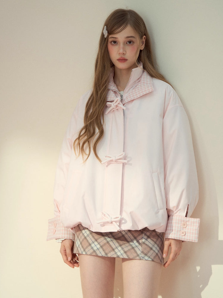 Pink Bow Plaid Down Puffer Jacket