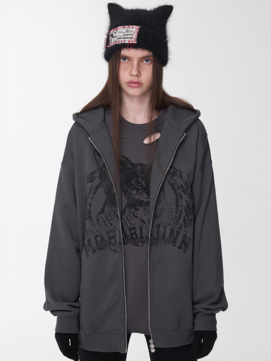Cat Graphic Double-Zip Convertible Hoodie Jacket