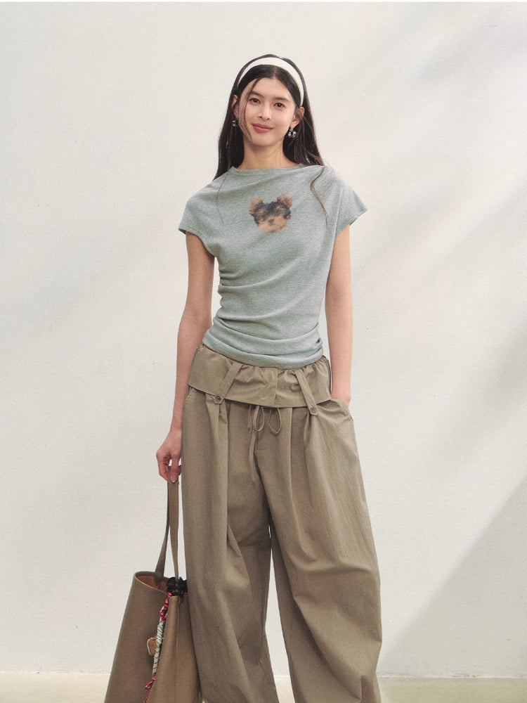 Elastic Pleated Crew Neck T-shirt