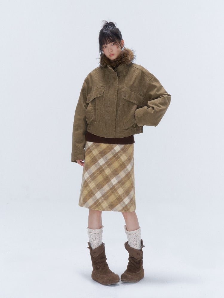 Yellow Plaid Wool-Blend A-Line Skirt