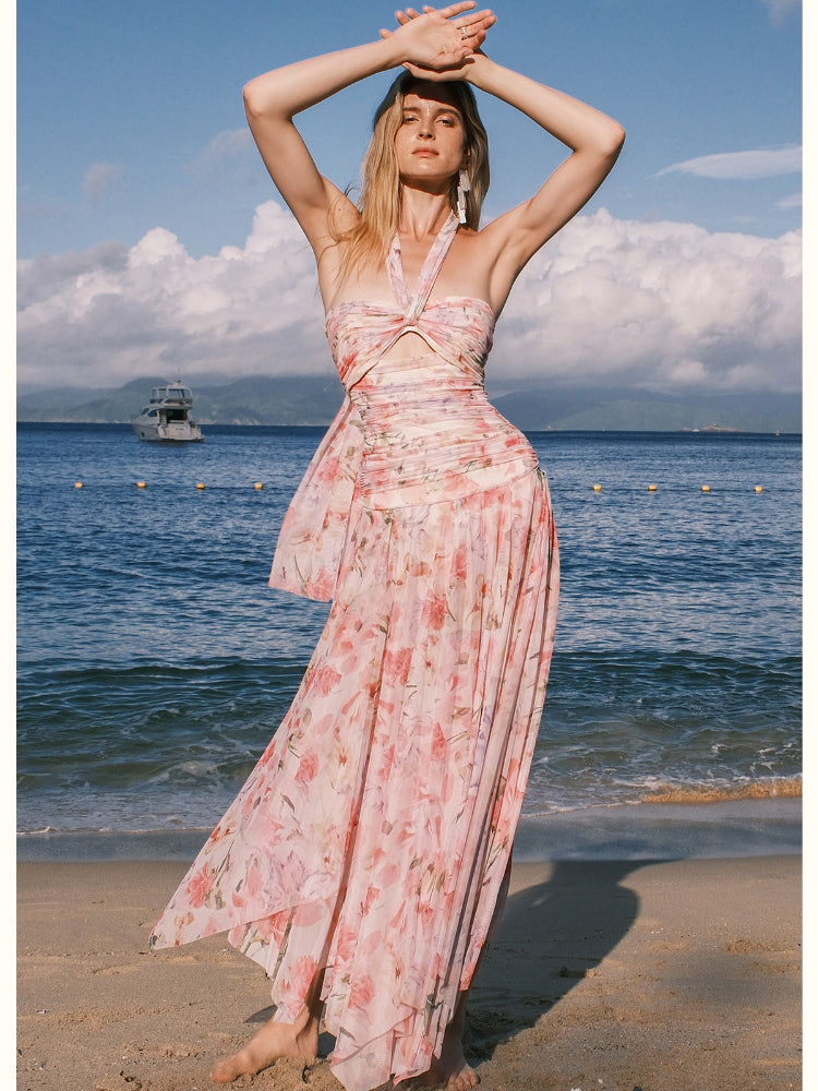 Floral-print Floral Ribbon Neckline Hollow-out Dress