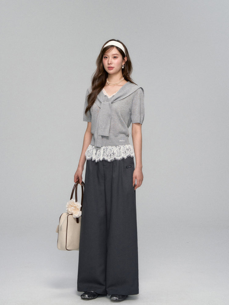 Waistband Lace-spliced Faux Two-piece Long Pants
