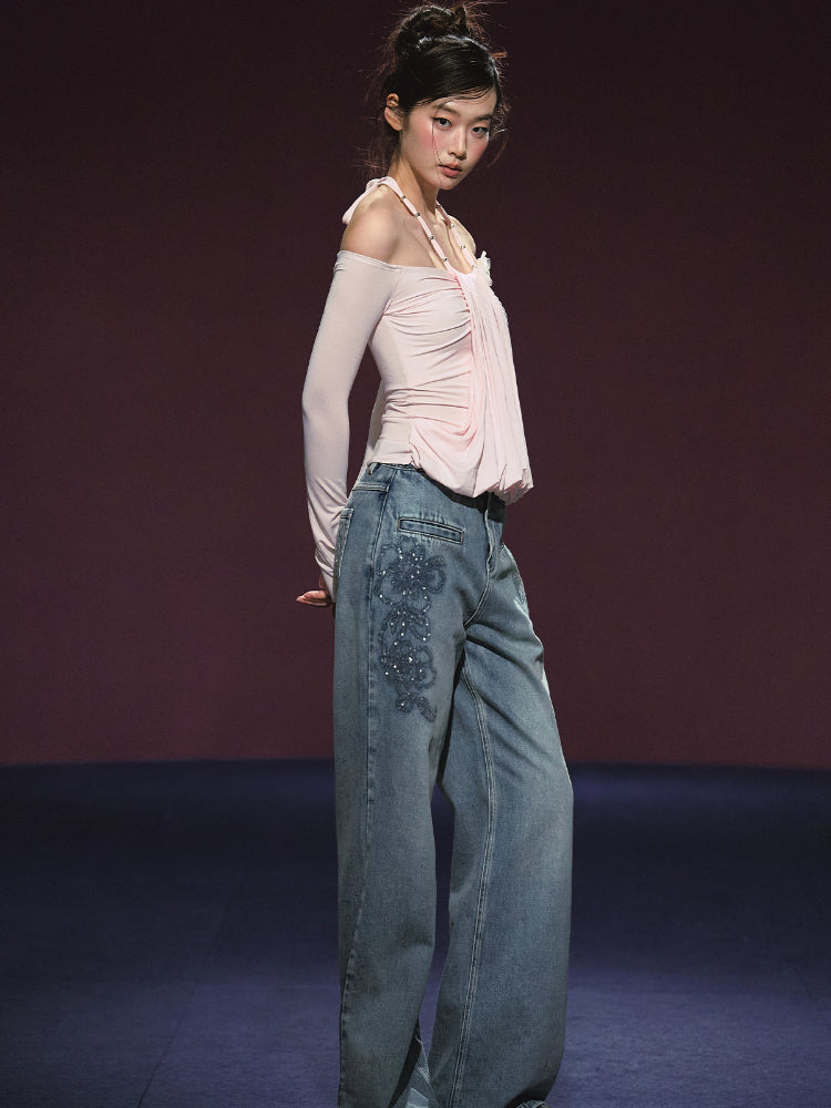 Fake Two-Piece Halter Ruched Floral One-Shoulder Blouse