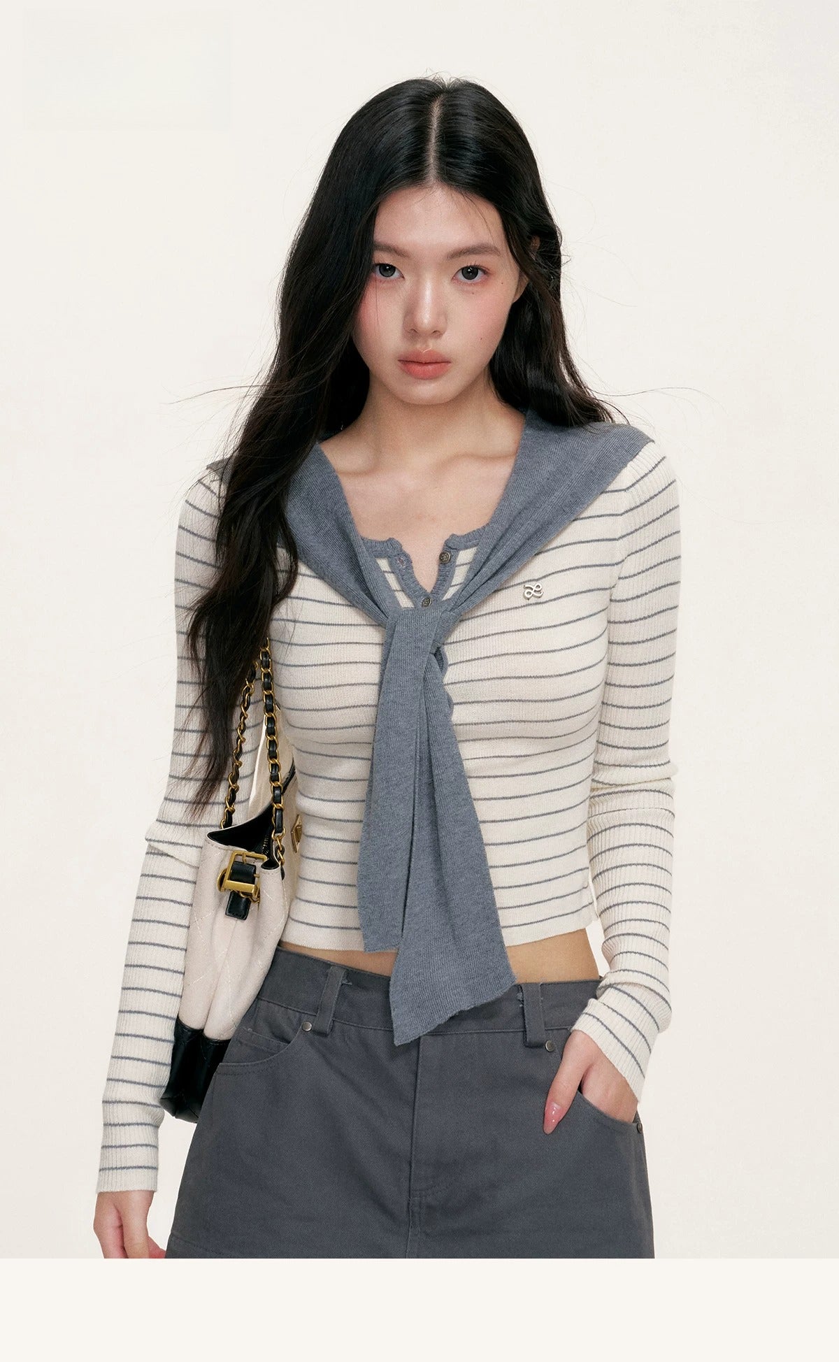 Striped Shawl Collar Knit Top