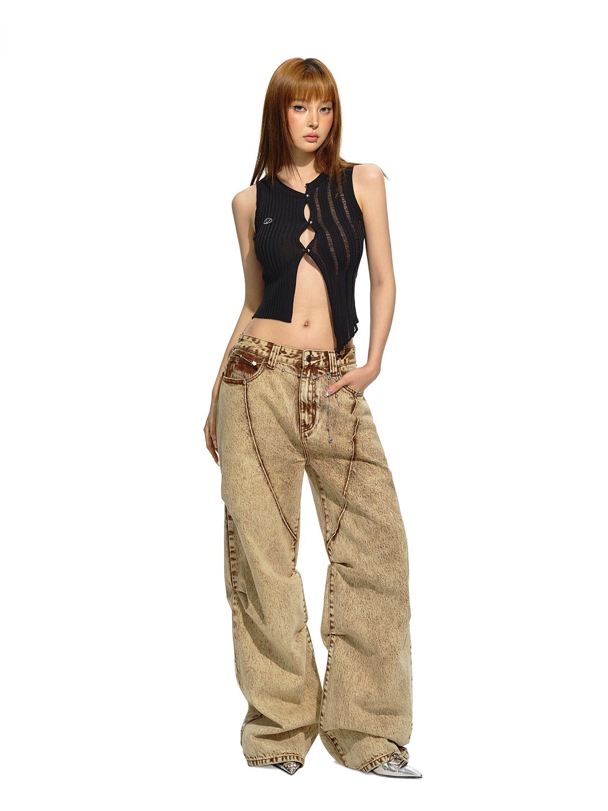 Brown Retro Loose-fit Wide-leg Jeans