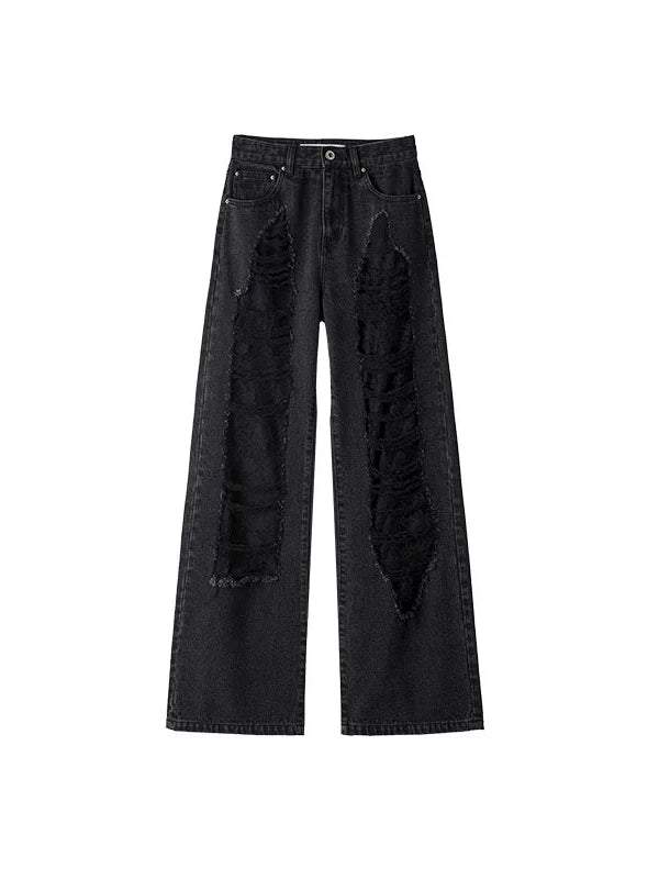 Blue & Black Ripped Lace Denim Jeans