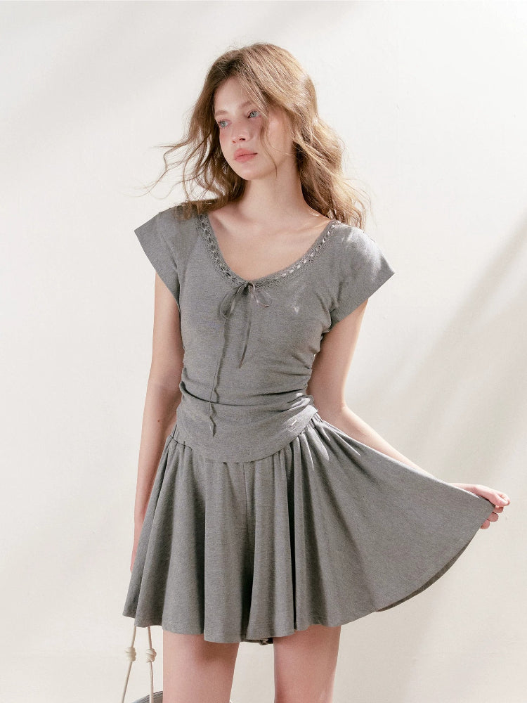 Lace-Trim Tie-Front T-Shirt & Skort Set