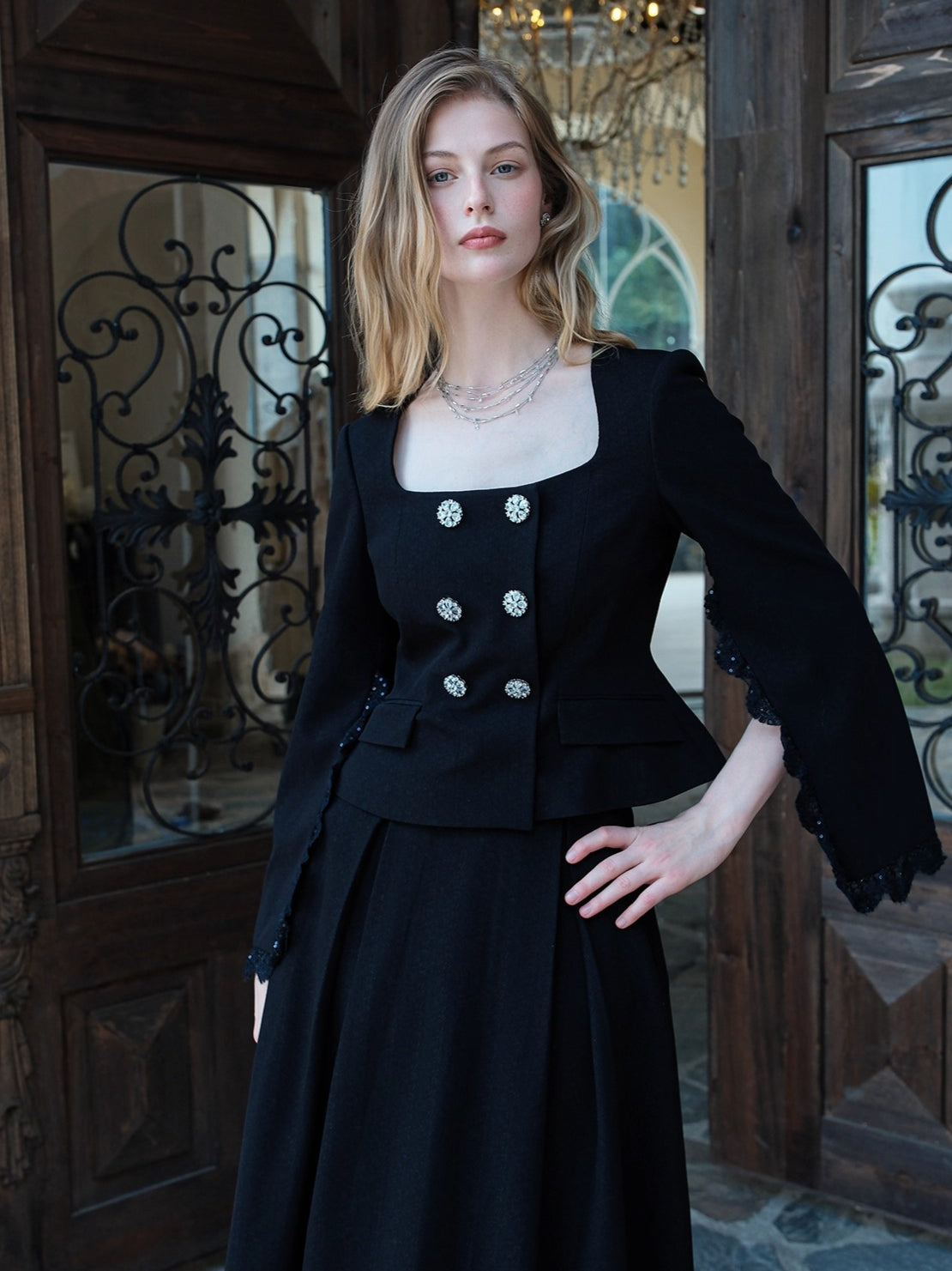 Mirage Vintage Lace-Collar Blazer & Flared Skirt Set