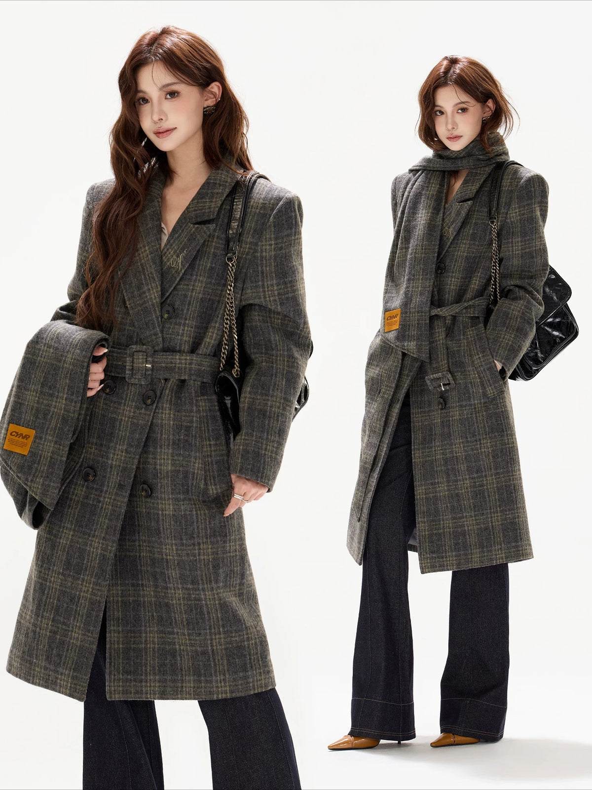 Gray Plaid Detachable Scarf Wool Coat