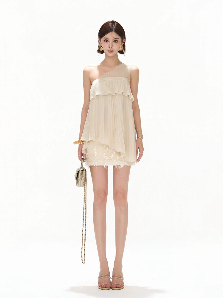 Asymmetric Chiffon Pleated Top