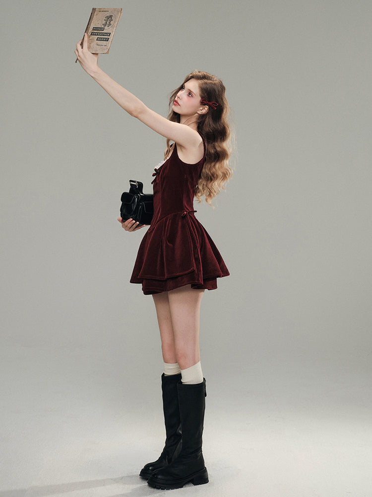 Velvet Lace Waist Straps Dress