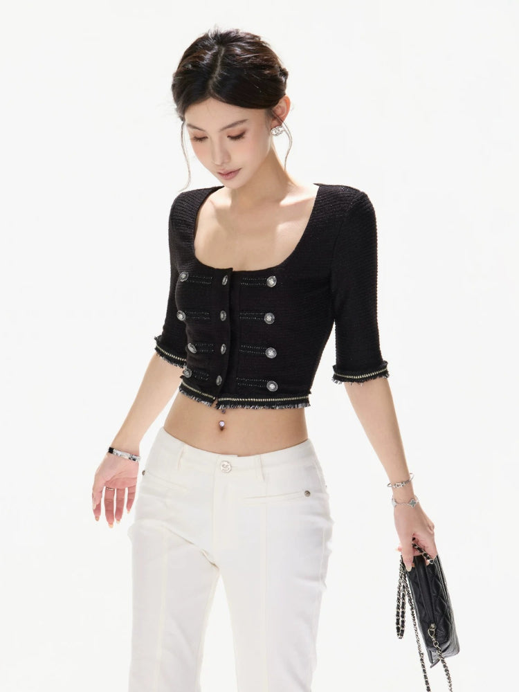 Black Silver Knit Crop Top