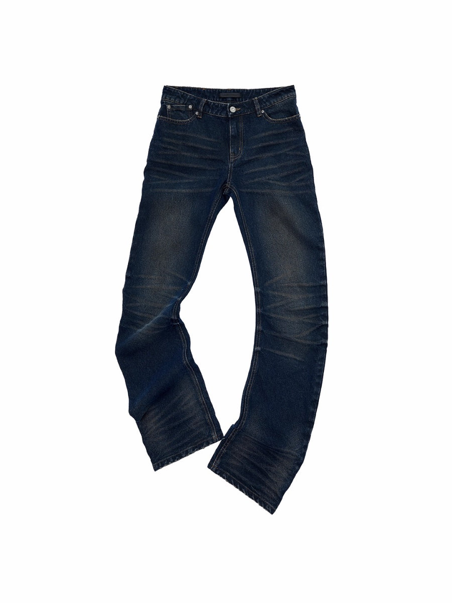 Vintage Pleated Washed Denim Curved Jeans
