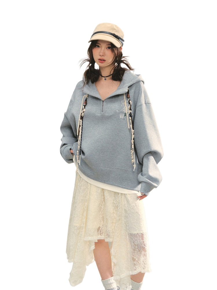 Fake Two-Piece Flower Embroidery Hat Cord Pullover Hoodie