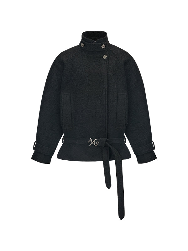 Cream & Black Wool Blend Loose Lapel Jacket