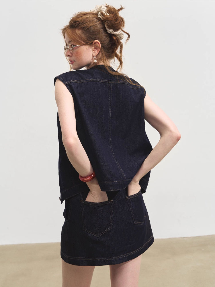 Layered Relaxed Denim Vest & Skirt Set