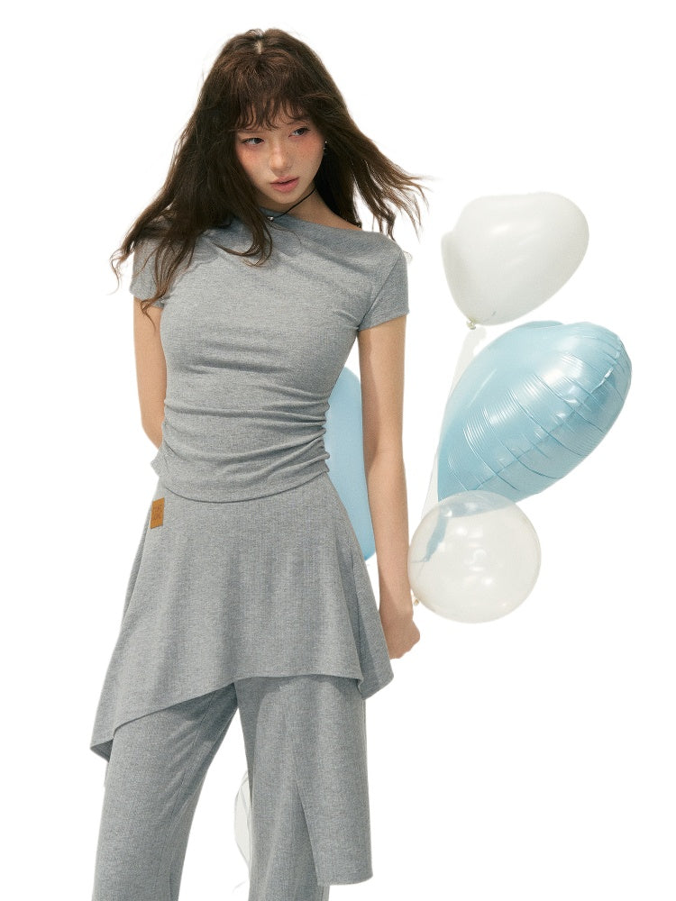One Shoulder Irregular Slanted Pleat T-shirt & Pants Set