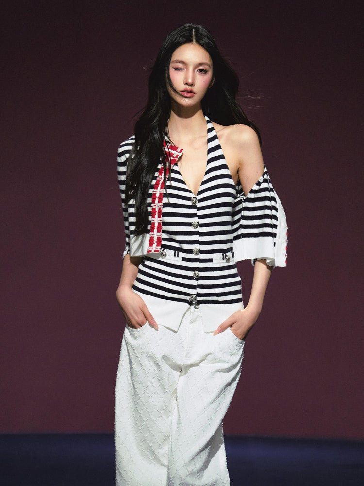 Contrast Stripe Halter Camisole Tank Top & Cardigan Set