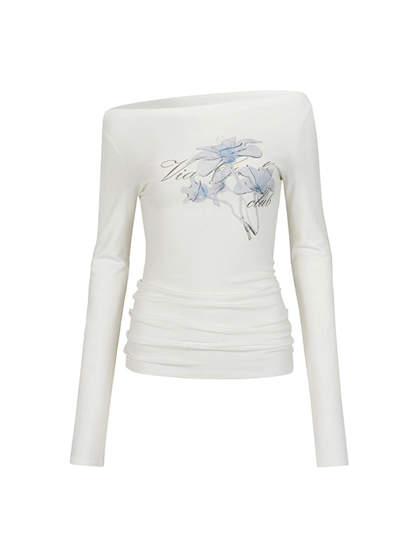 White & Navy Off-Shoulder Printed Blouse