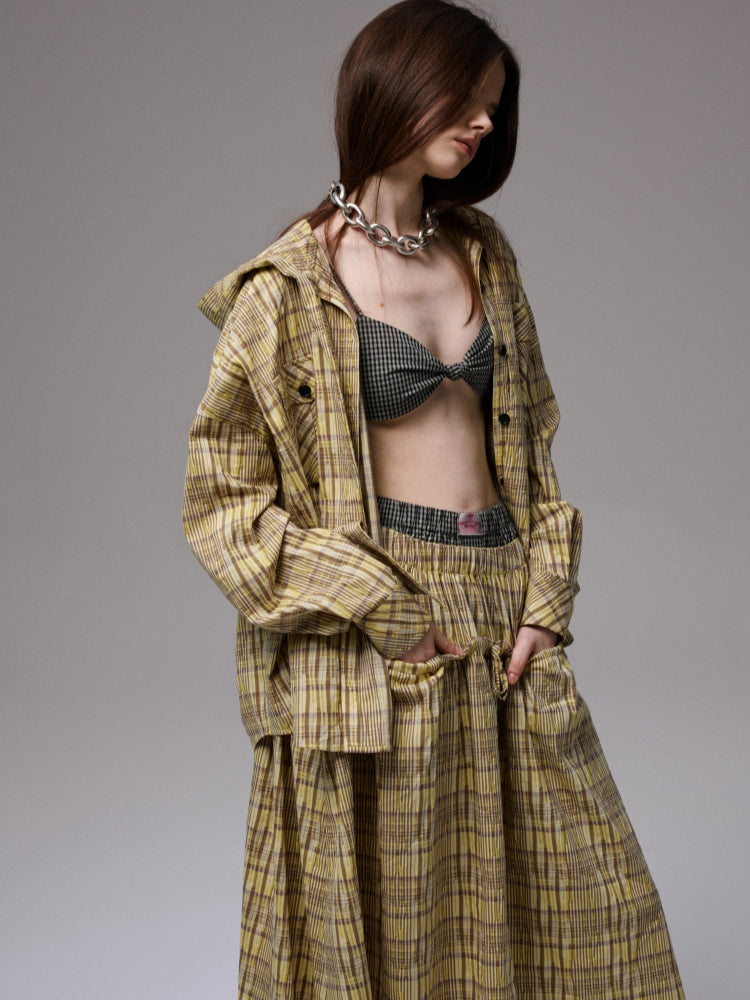 Plaid Hooded Shirt & Skirt & Pants Set