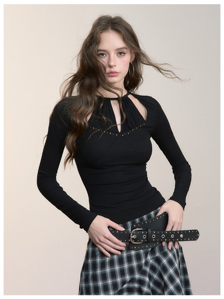Rivet Cutout Halter Long-sleeve T-shirt