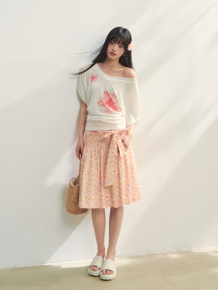 Floral V-Neck Bat-Sleeve T-Shirt