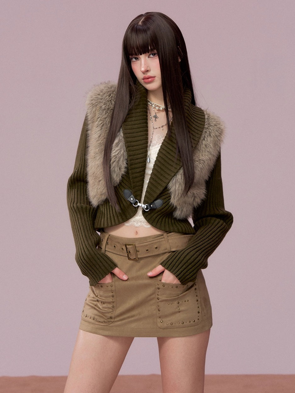 Studded Belt Faux Suede A-Line Skirt