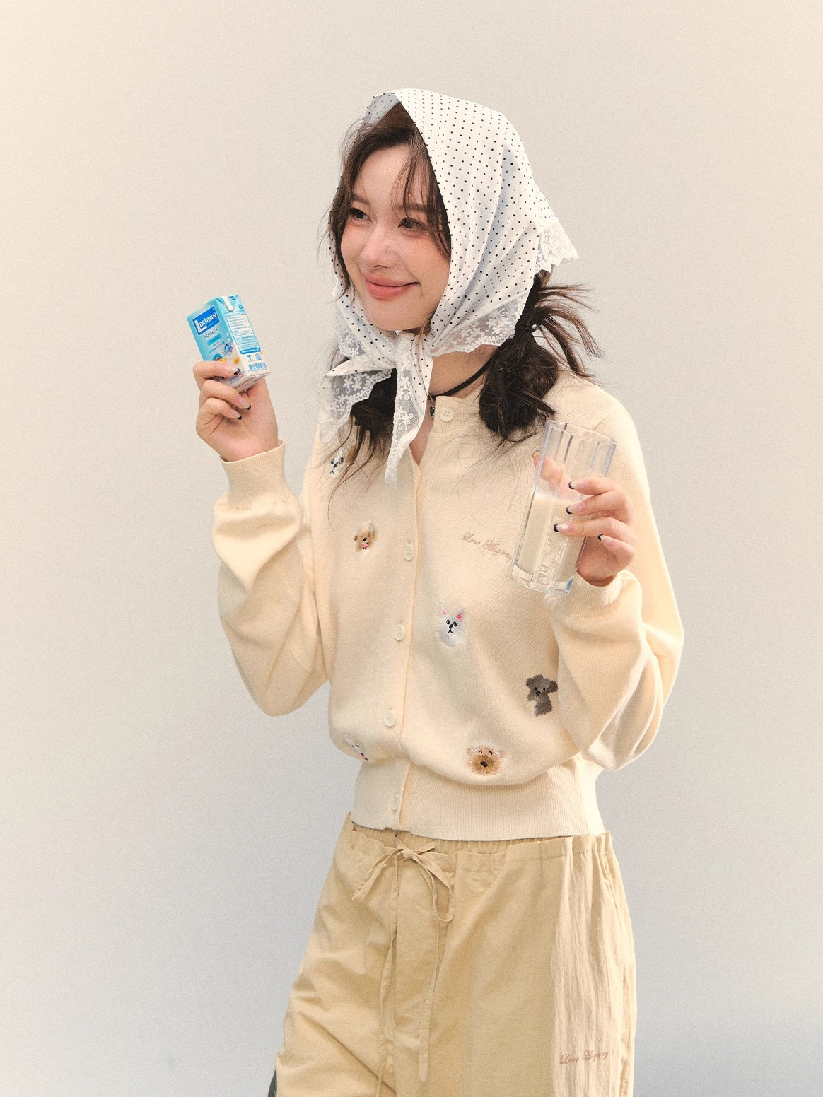 Gray & Apricot Puppy-Embroidered Knit Cardigan