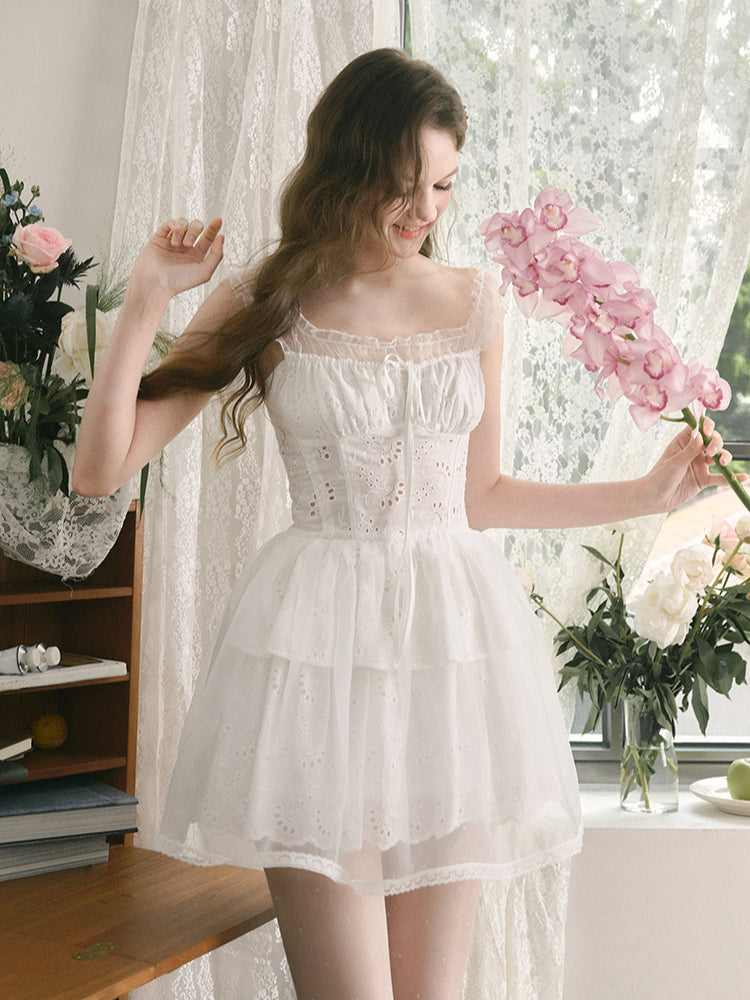 White Embroidered Puff Dress