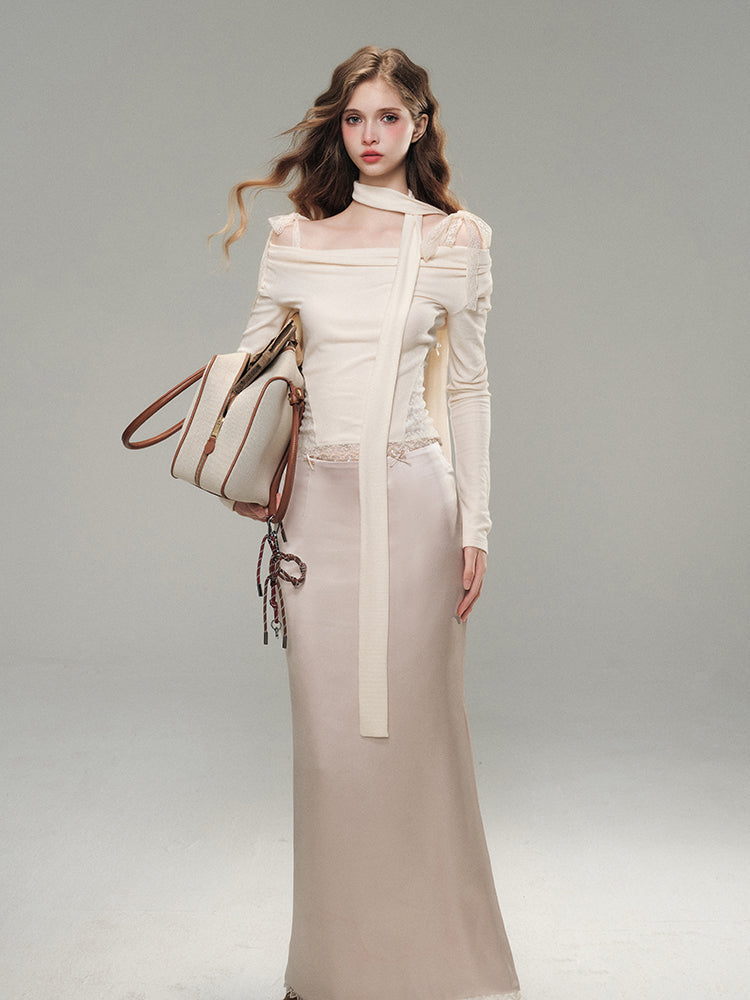 Lace Satin Midi Skirt