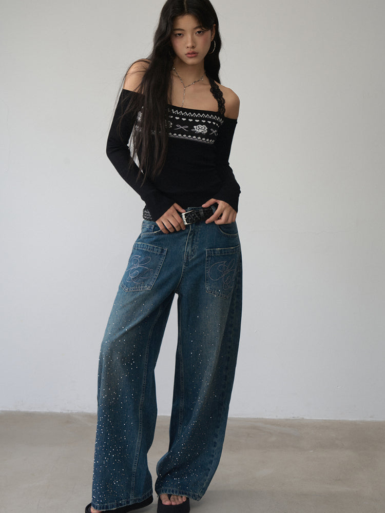 Lace Halter Two-way One-shoulder Sweater