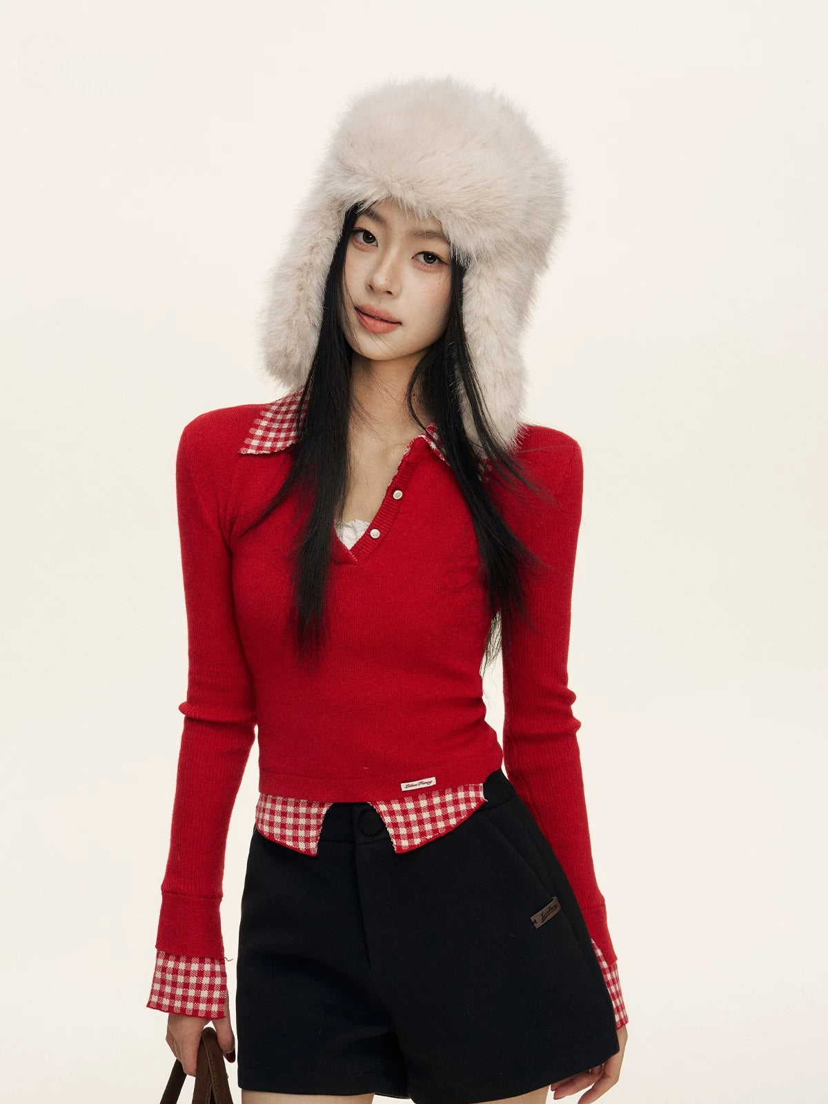 Gingham Layered Polo Knit Top